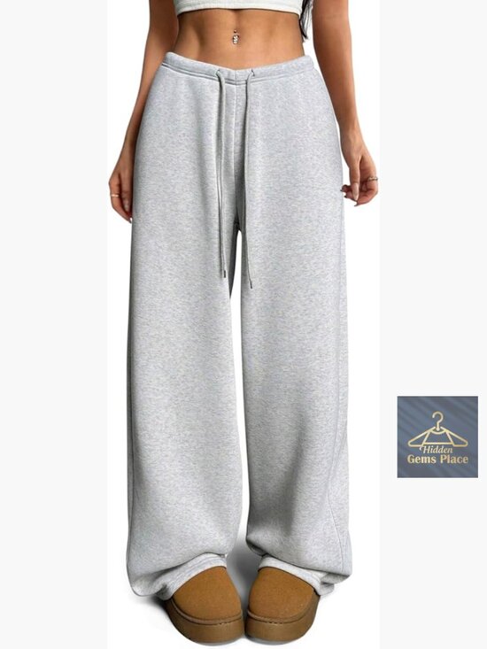Pants - Fleece Lined Wide Leg Sweatpants High Waist with Pockets